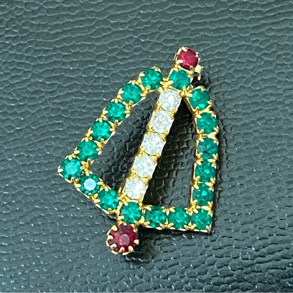 Vintage Green Red Clear Rhinestone Christmas Bell Small Pin Brooch - Picture 5 of 9